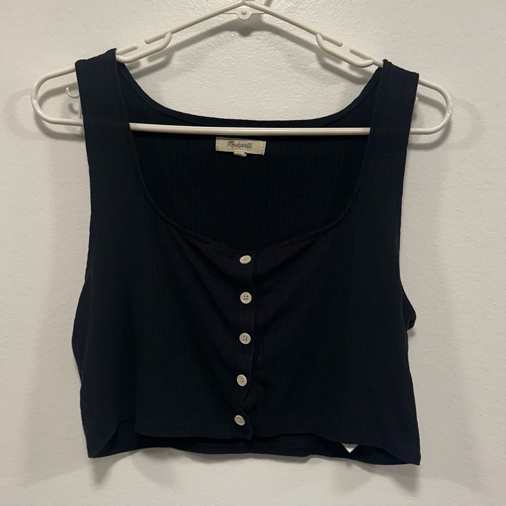 Madewell Black Ribbed Button-Front Crop Top
